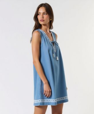 Women's Sleeveless Embroidered Trim Tie Front Mini Dress