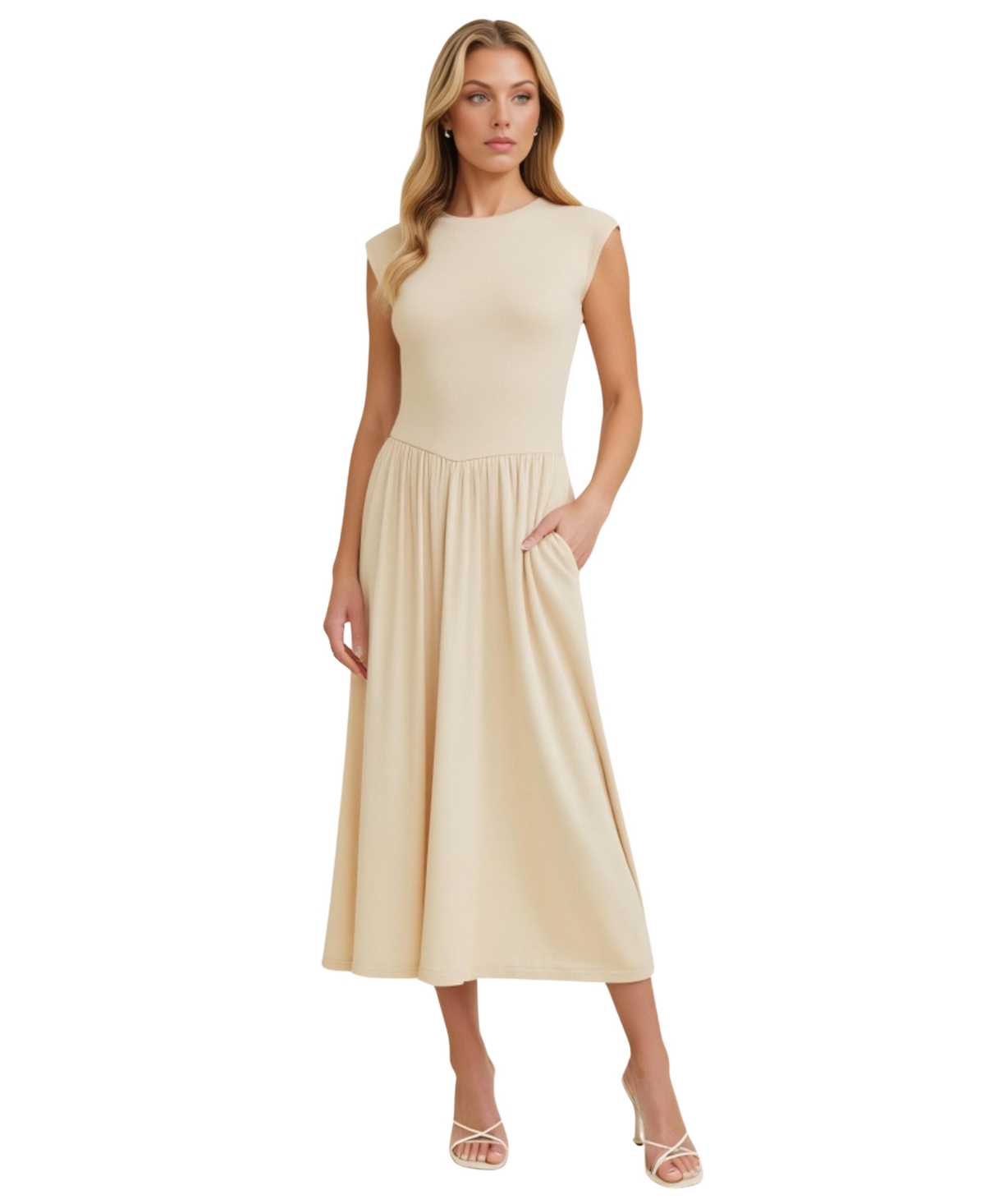 Women's Cap Sleeve Knit Bodice Midi Dress with Pockets - Medium beige