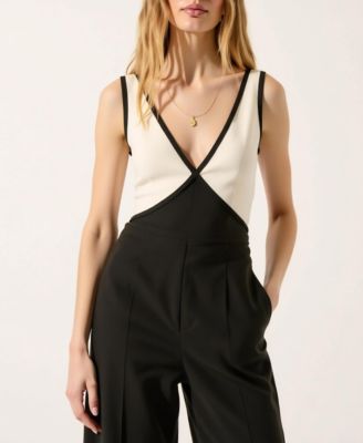 Women's Sleeveless Two-Tone Deep V-Neck Wide Leg Jumpsuit
