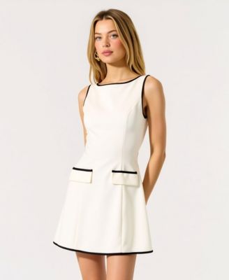 Women's Sleeveless Contrast Trim Faux Pocket Flaps Mini Dress