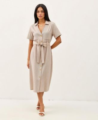 Women's Striped Collared Waist Tie Button-Down Midi Dress