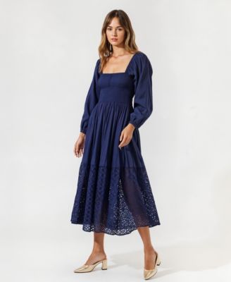 Women's Square-Neck Smocked Eyelet Hem Midi Dress