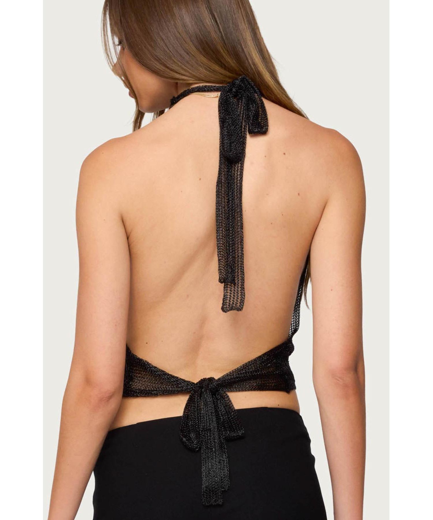 Women's Shiny Knit Cowl Neck Backless Top