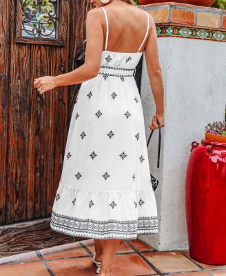 Women's Boho Embroidered Tie-Waist Midi Dress
