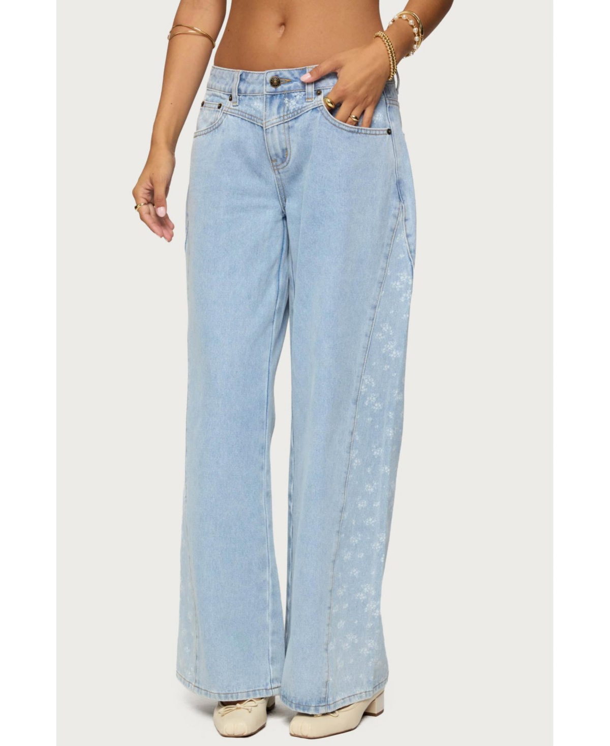 Women's Floral Split Low Rise Jeans - Blue-washed