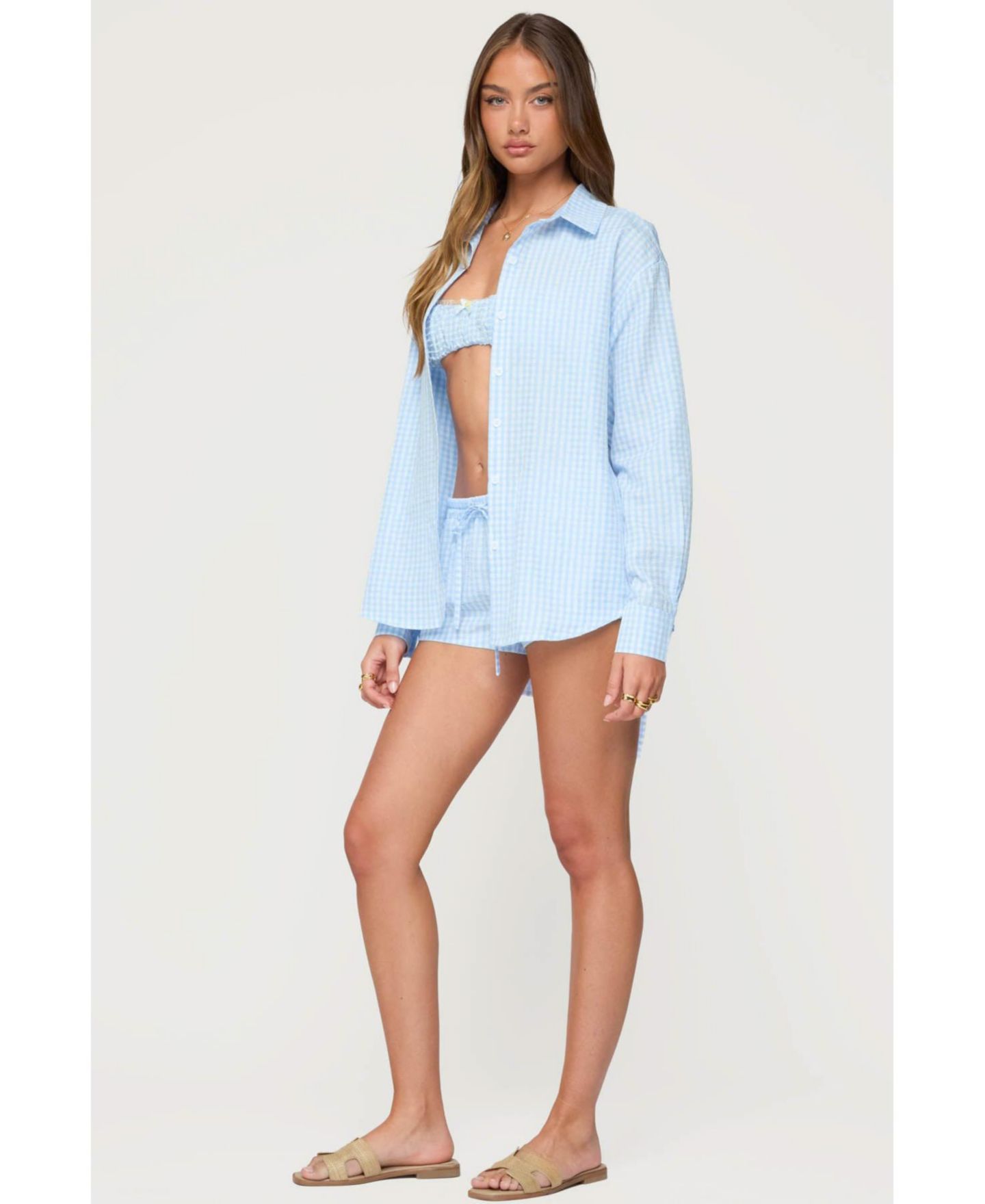 Женская рубашка Edikted Yaffa Oversized Gingham Button Up, цвет: Светлый синий — фото 3