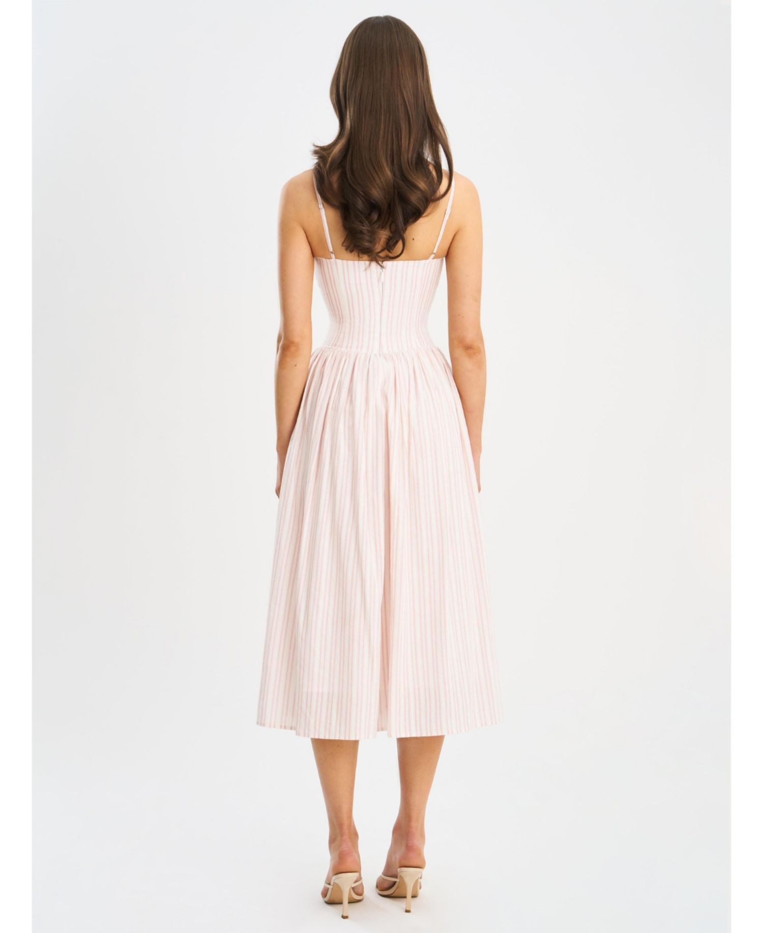 Women's Zania Pink Stripe Ruched Breast Cotton Jacquard Midi Dress
