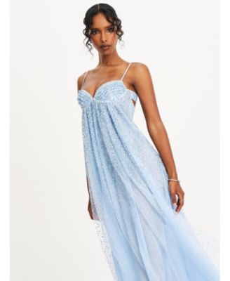Women's Wallie Baby Blue Rhinestone Embellished Mesh Backless Gown