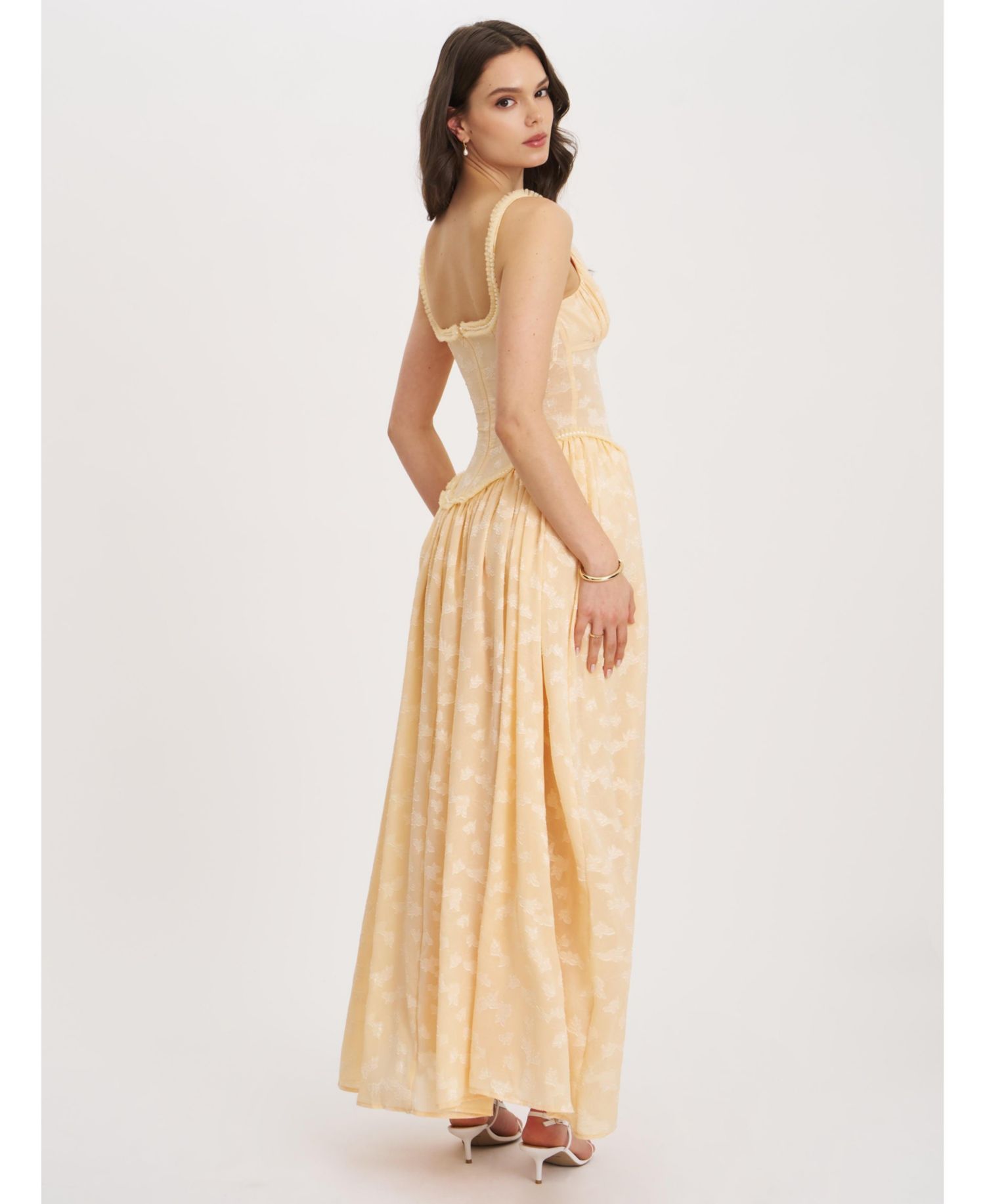 Women's Ulissa Orange Square Neck Jacquard Textured High Slit Maxi Dress