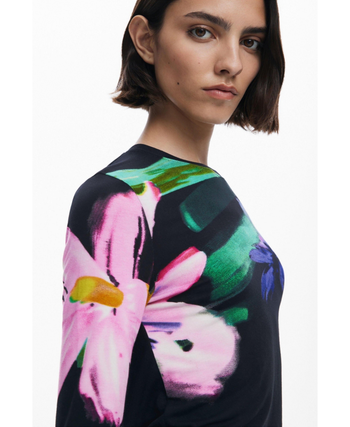 Desigual Abstract Floral Print Long Sleeve T-shirt In Black