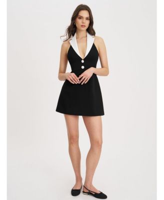 Women Ignacia Office Casual Black and White Halter Mini A-line Dress