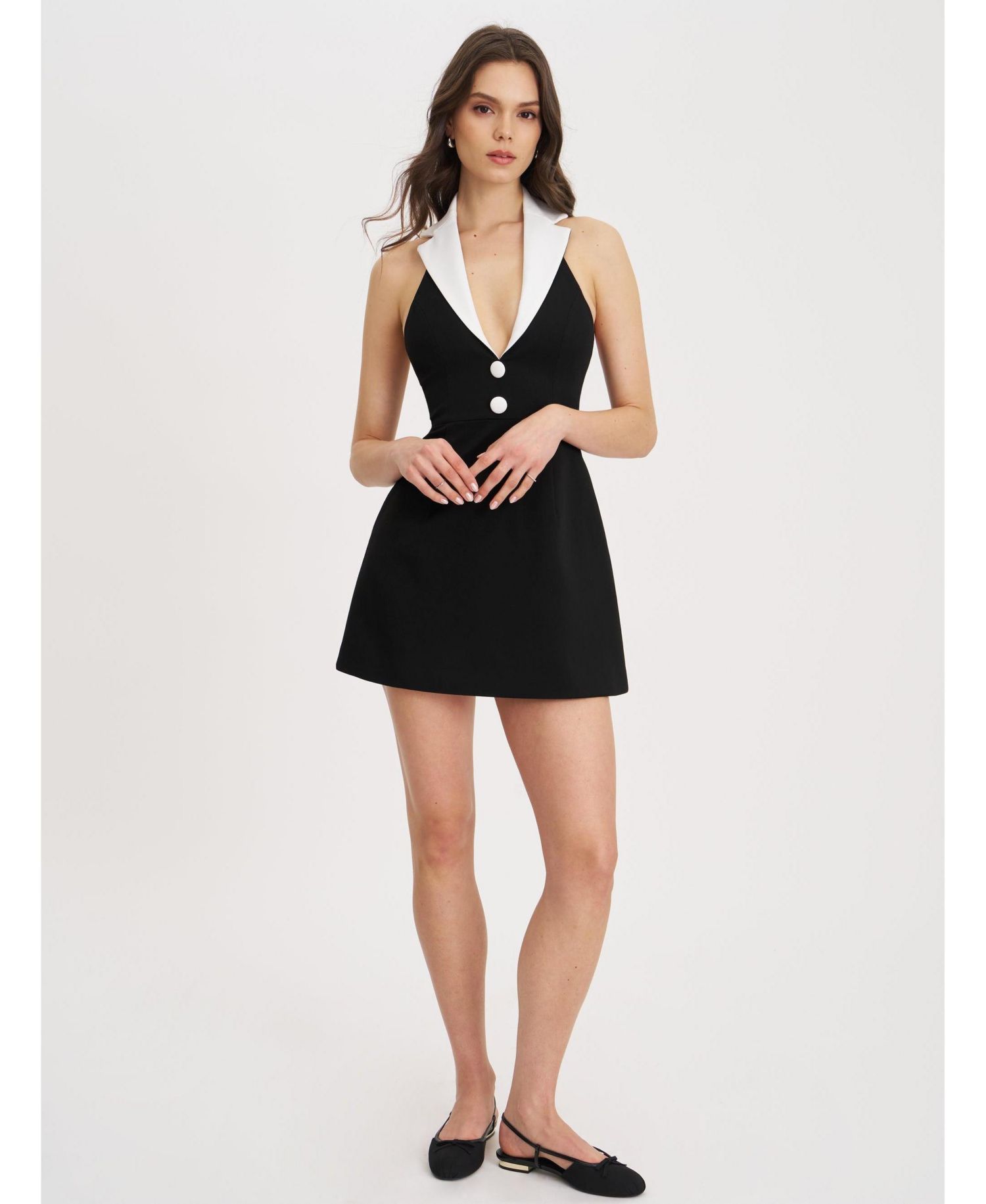 Women Ignacia Office Casual Black and White Halter Mini A-line Dress