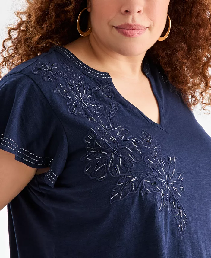 Plus Size Embroidered Flutter-Sleeve Knit Top - thumbnail 7