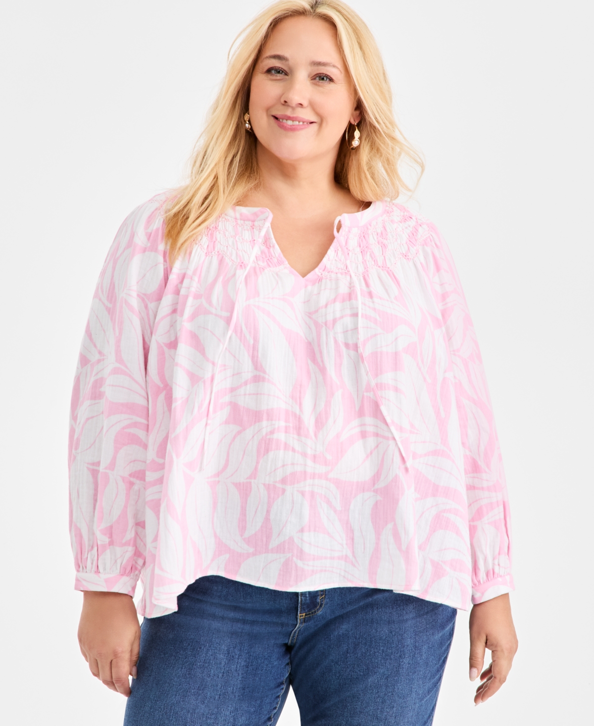 Style & Co Plus Printed Smocked Tie-Neck Top, Macy's Exclusive