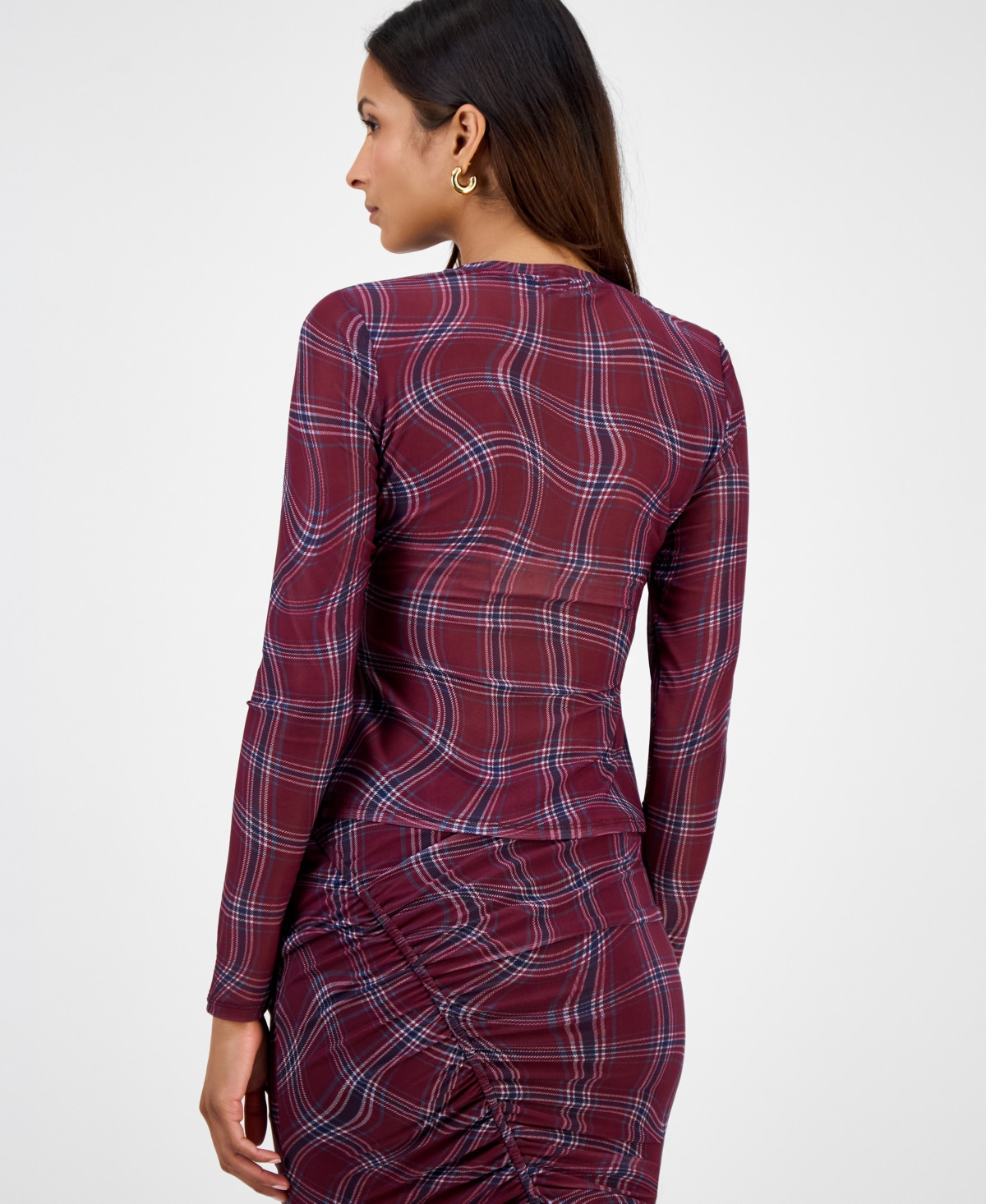 Bar Iii Women's Plaid Mesh Long-sleeve Top, Macy's Exclusive In Multi