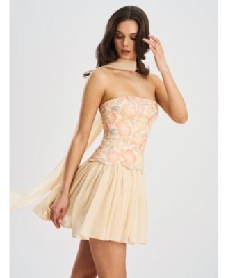 Women's Quanisha Yellow Beaded Floral Mini Chiffon Dress with Scarf