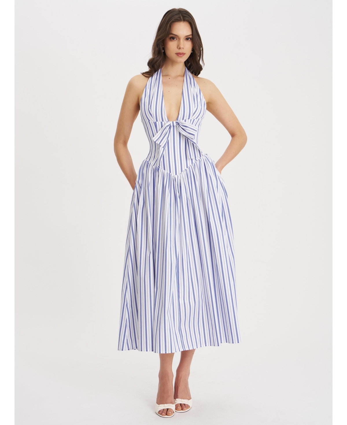 Women's Mackenna Navy Stripe Halter Smock Back Maxi Dress - Navy stripe
