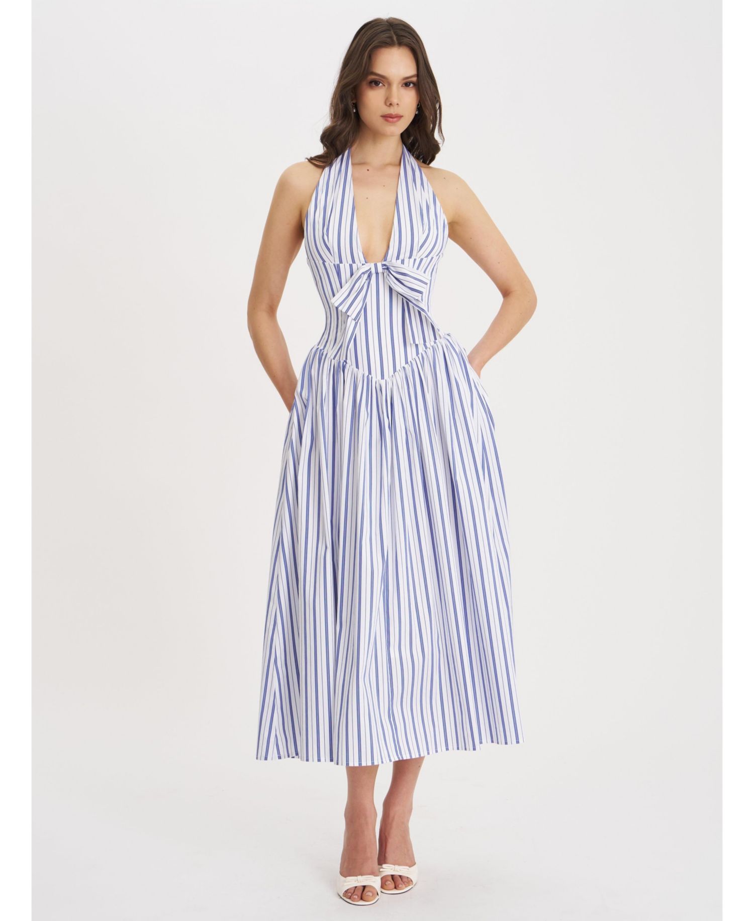 Women's Mackenna Navy Stripe Halter Smock Back Maxi Dress