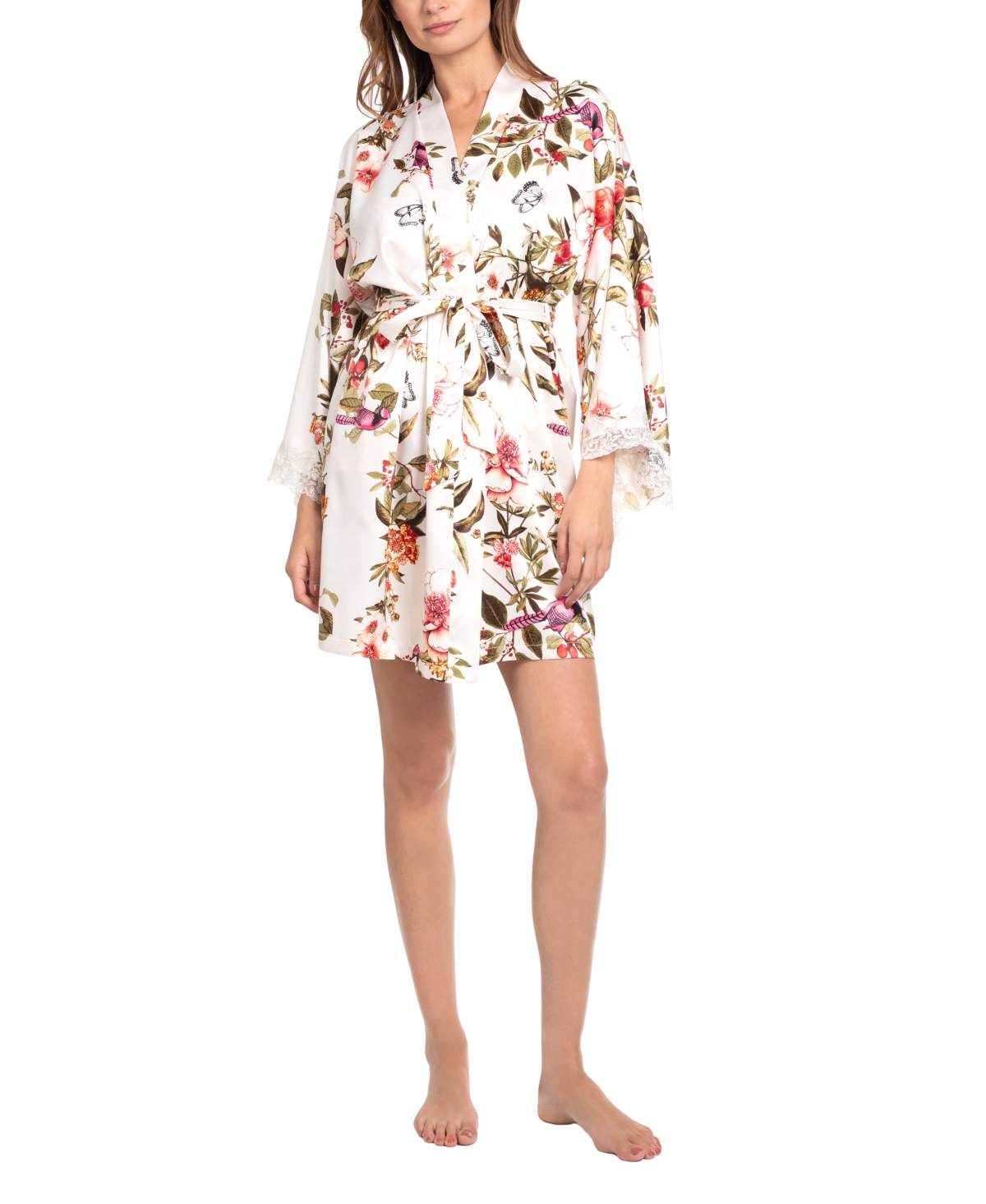 Women's Garden Flight Satin Floral Wrap Robe - Ivory