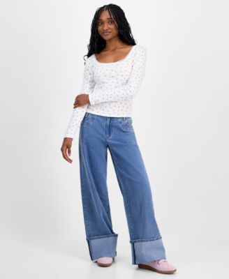 Juniors' Floral-Print Lace-Trim Top