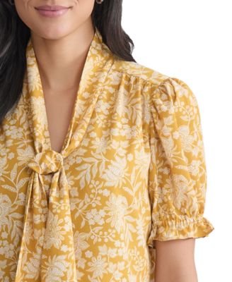 Petite Printed Tie-Neck Puff-Sleeve Blouse