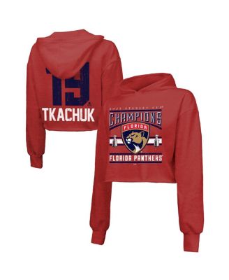 Majestic - Women's Matthew Tkachuk Red Florida Panthers 2025 Stanley Cup Champions Name Number Cropped Tri-Blend Pullover Hoodie