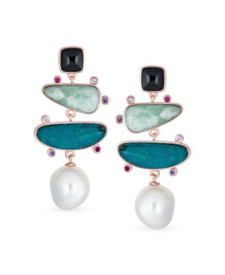 Boho Tri Tone Mixed Natural Apatite Freshwater Cultured Baroque Pearl Dangle Earrings