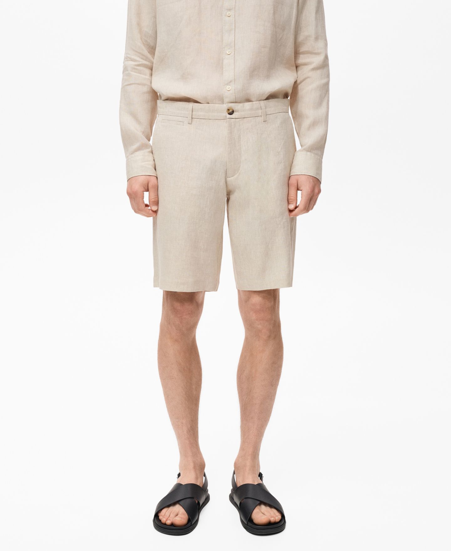 Мужские шорты MANGO Slim-Fit Linen Bermuda, цвет: Экрю — фото 1
