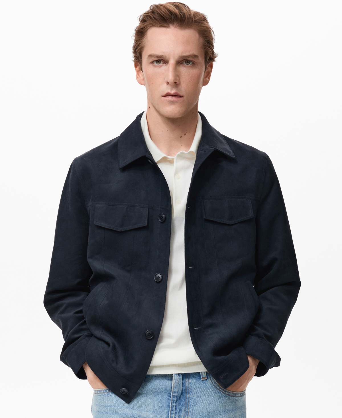Men's Suede Leather-Effect Overshirt - Navy