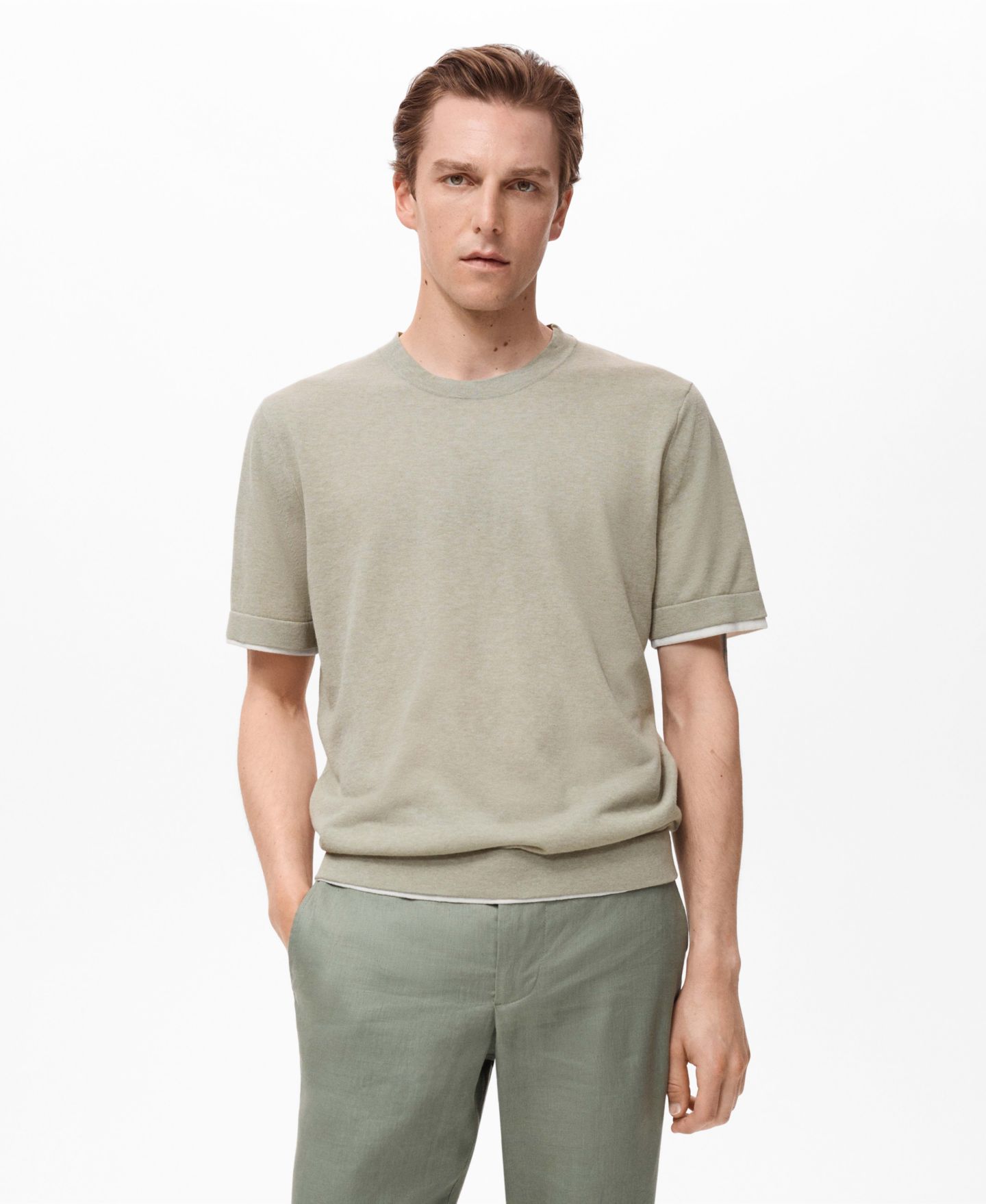 Мужская футболка Mango Contrasting Cotton-Blend, цвет: Хаки — фото 1