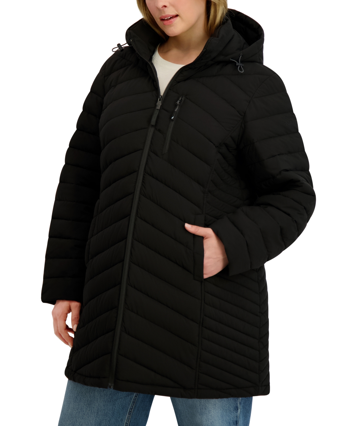 Nautica Plus Size Hooded Water-resistant Puffer Coat In Black