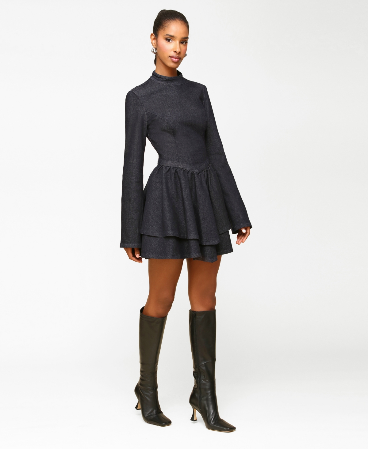 Avec Les Filles Long Sleeve Denim Minidress In Gray