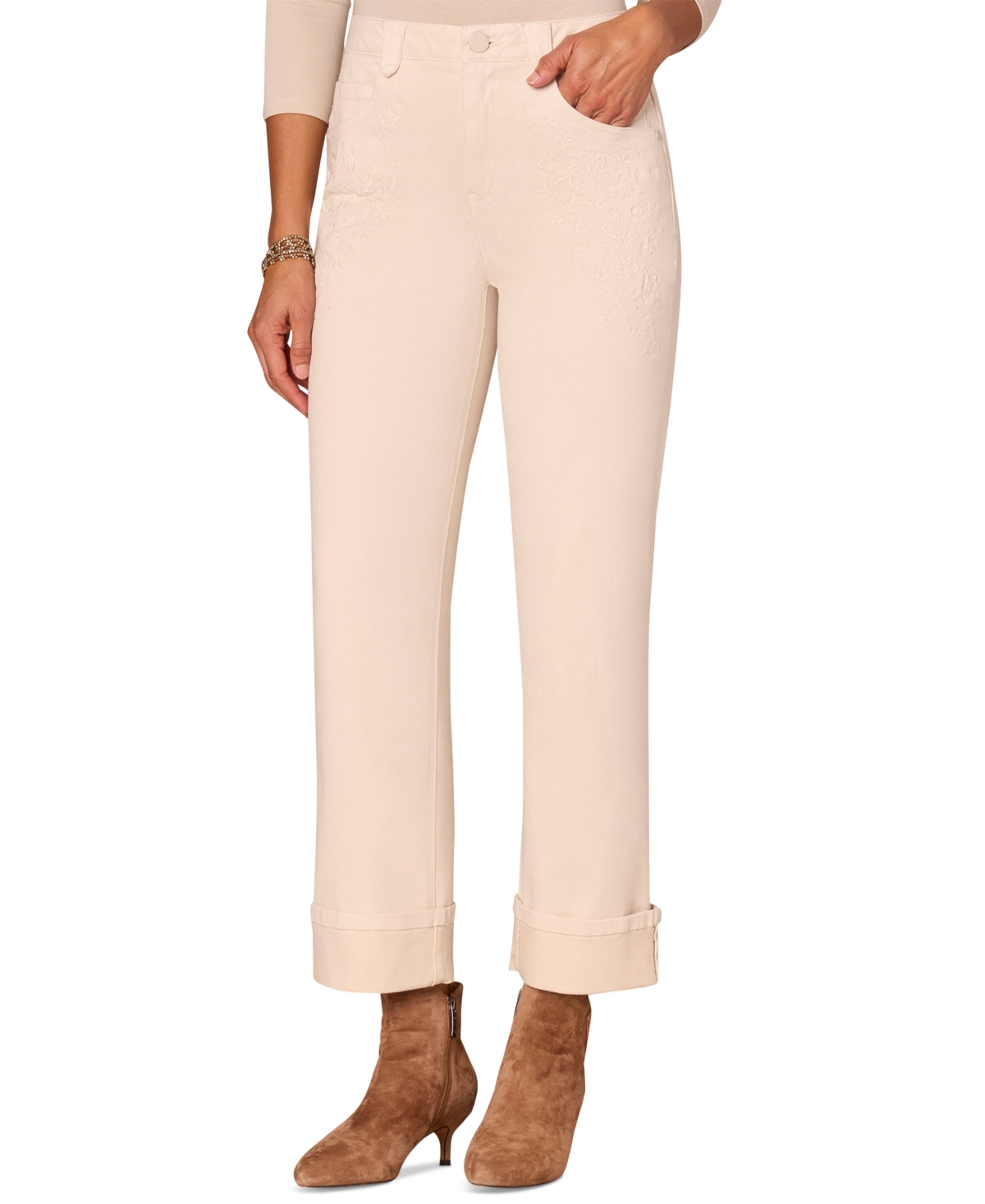 Democracy Petite "ab"solution Embroidered High-rise Round Up Boyfriend Jeans In Neutral