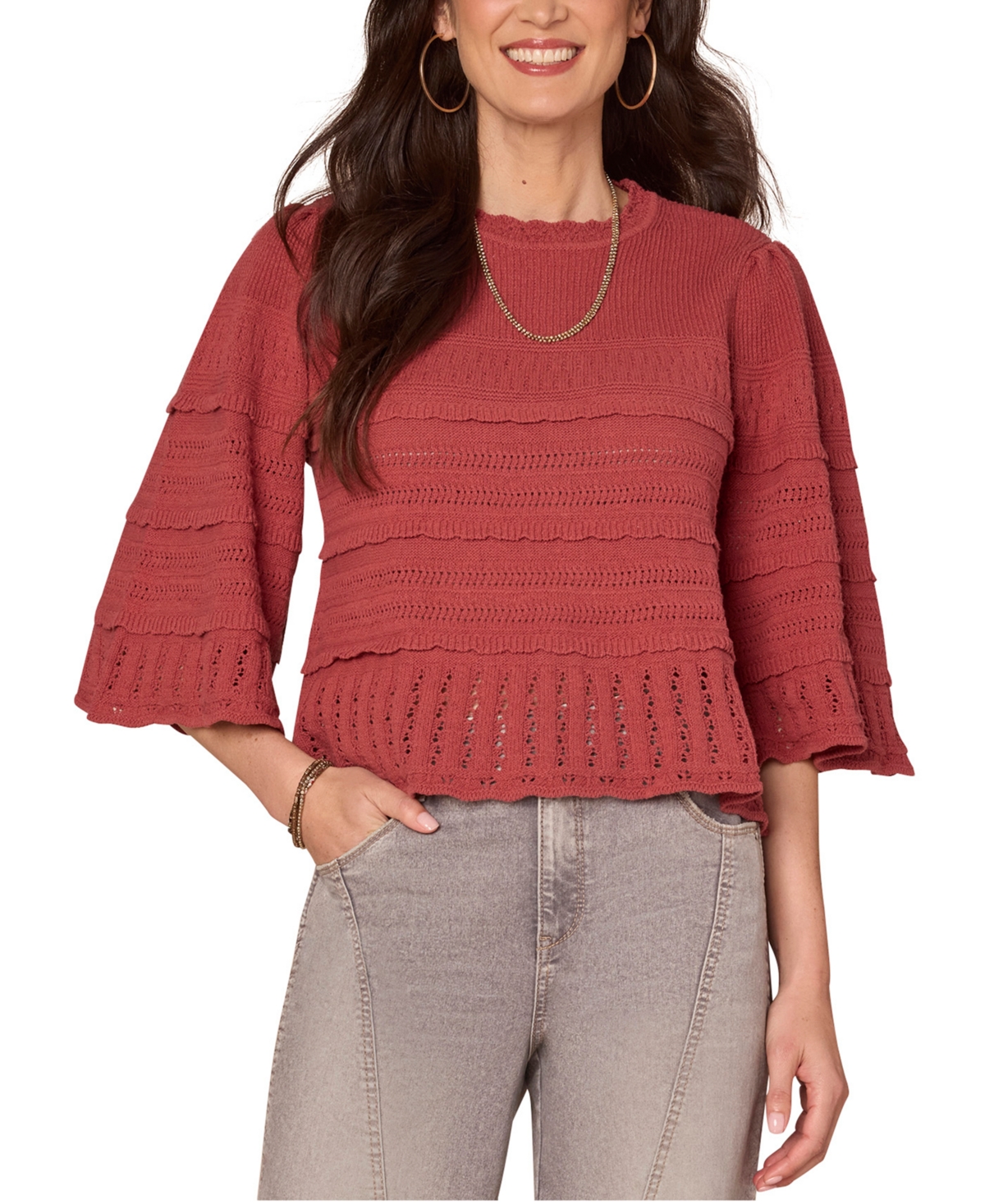 Democracy Petite Cotton Bell-sleeve Crewneck Sweater