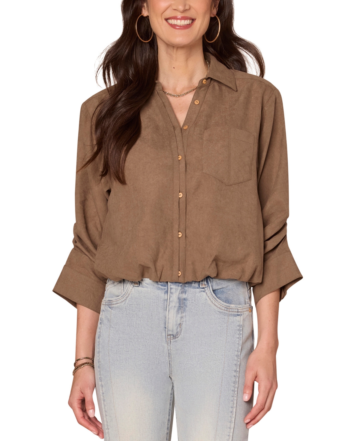 Democracy Petite Ruched-sleeve Bubble-hem Shirt In Brown