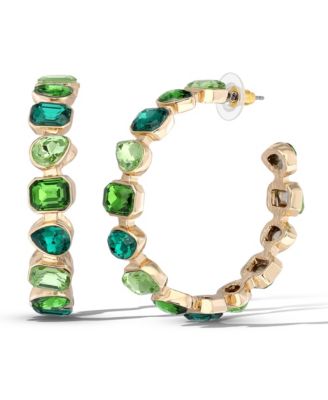 Gold-Tone Green Stone Hoop Earrings
