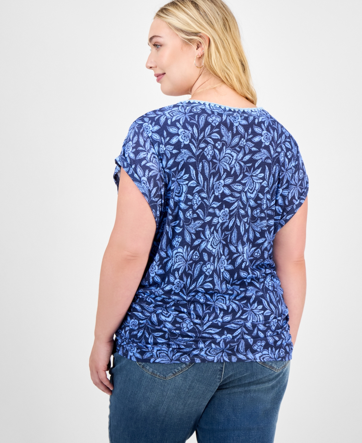 Democracy Trendy Plus Printed Side-shirred Cap-sleeve Top In Blue