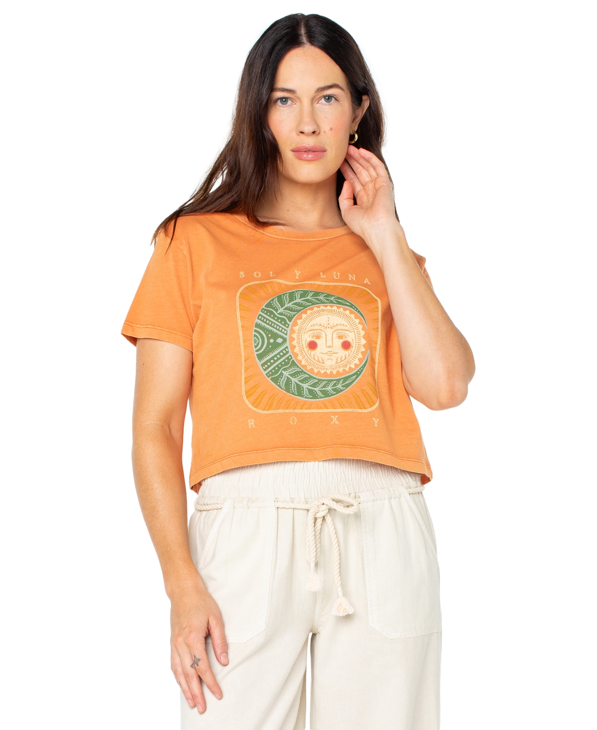 Roxy Juniors' Sol Y Luna Graphic Crewneck Short-sleeve Cotton T-shirt In Orange