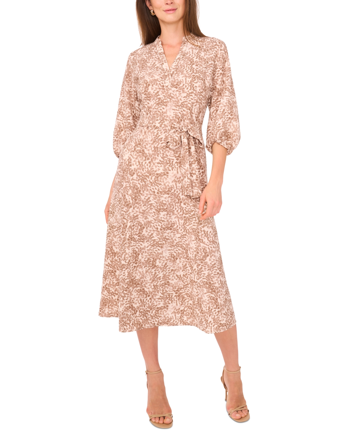 Women's Printed Split-Neck Belted Midi Dress - Camel