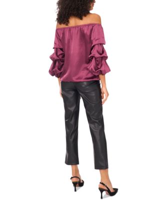 Women's Satin Off-The-Shoulder Bubble 3/4-Sleeve Tie-Front Blouse