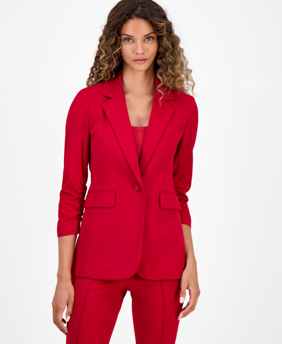 Bar Iii Womens One Button Scrunched Sleeve Jacket Satin Scoop Neck Camisole High Rise Flared Leg Pants Macys In Red