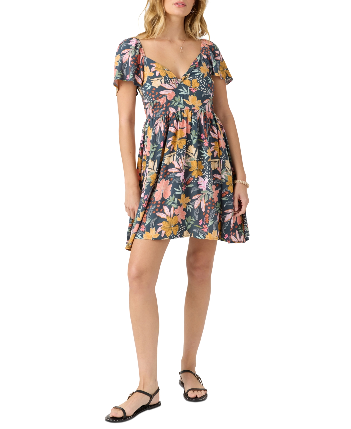 Juniors' Carina Floral-Print V-Neck Mini Dress - Slate