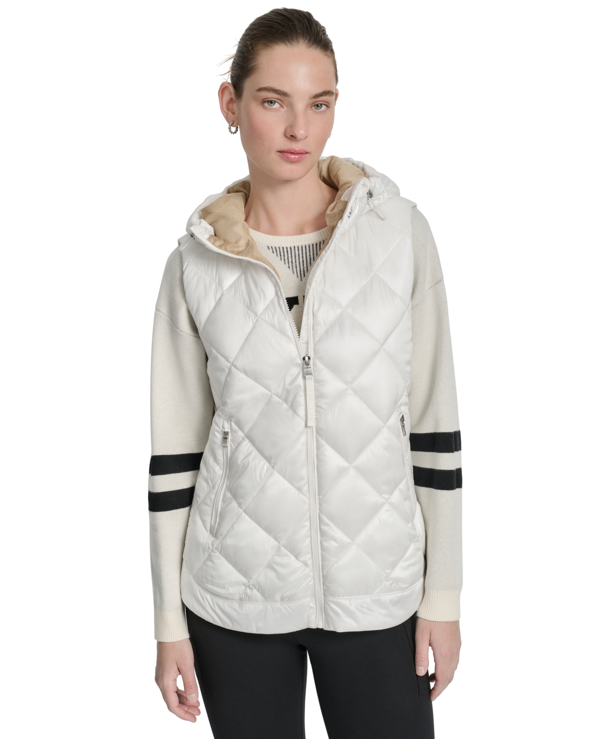 Dkny Women's Quilted Curved-hem Hooded Vest In White