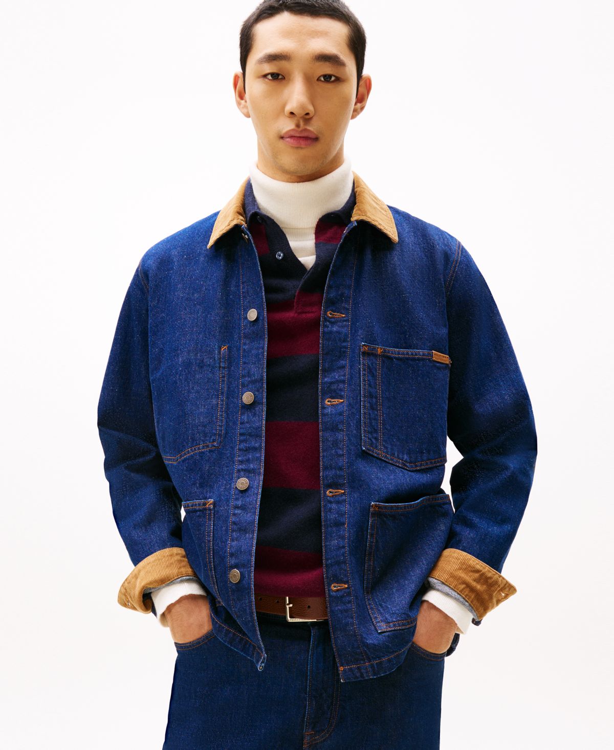 Мужская повседневная куртка из джинсовой ткани цвета индиго с отделкой из шнура