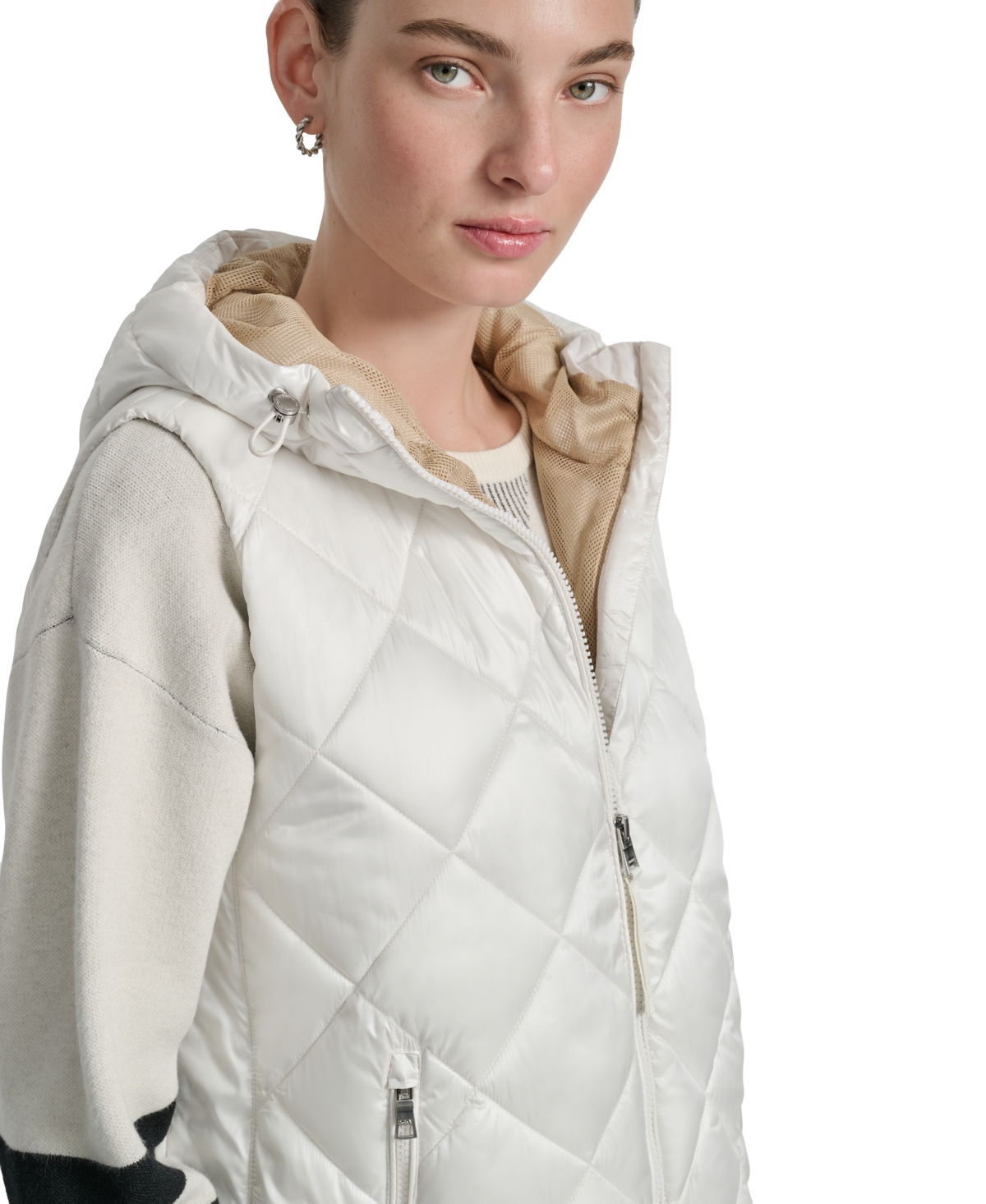Dkny Women's Quilted Curved-hem Hooded Vest In White