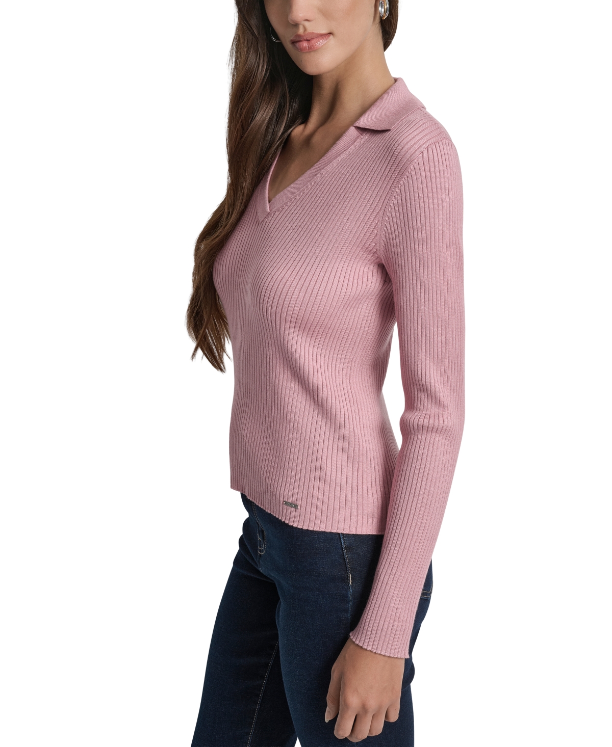 Dkny Jeans Petite Ribbed Johnny-collar Sweater In Pink