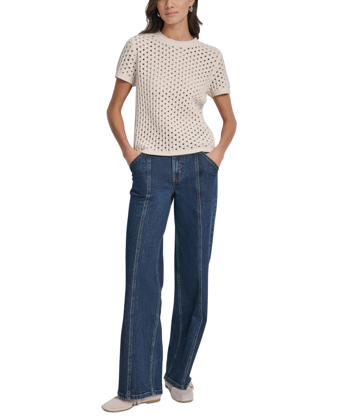 Dkny Jeans Petite Open-stitch Crewneck Sweater In Neutral