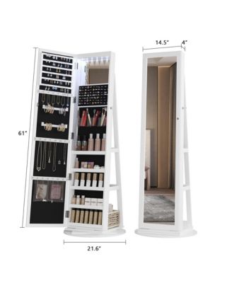 Rotatable full-length jewelry mirror cabinet with compartments and built-in LED lights.