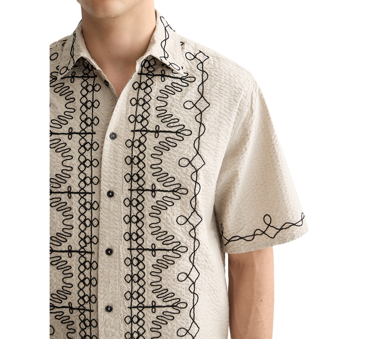 Scotch & Soda Oversize Embroidered Short Sleeve Cotton Seersucker Button-up Shirt In Neutral
