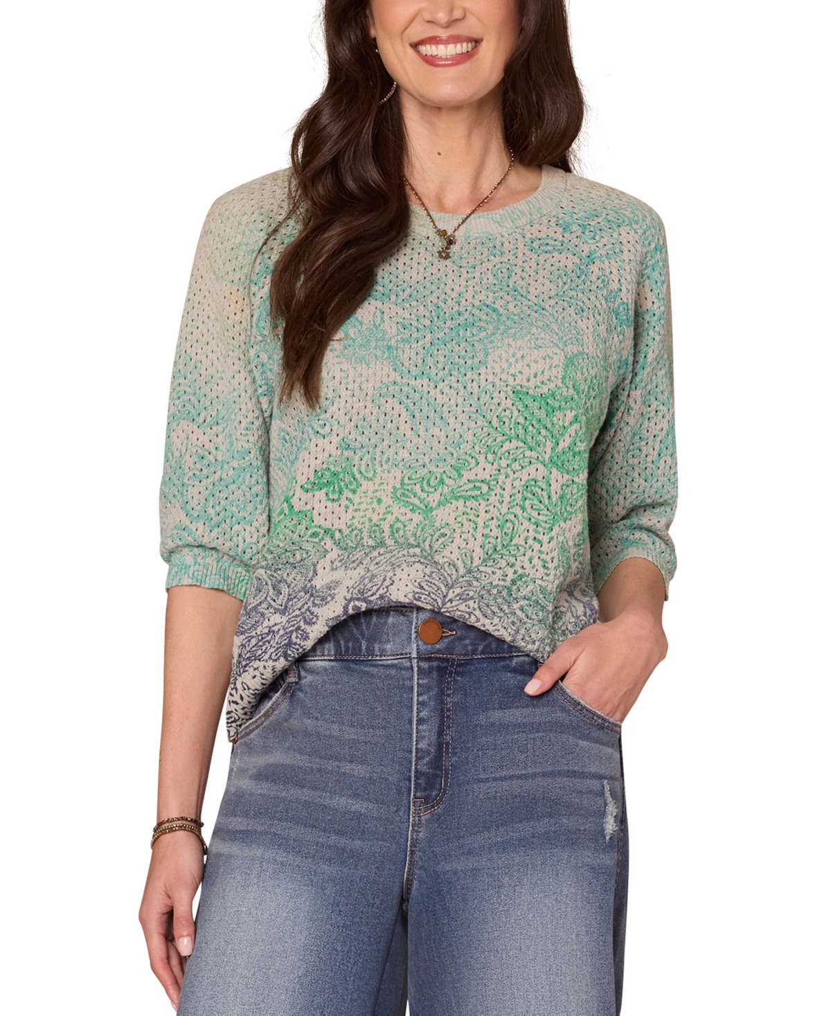 Democracy Petite Printed Dolman-sleeve Sweater In Multi